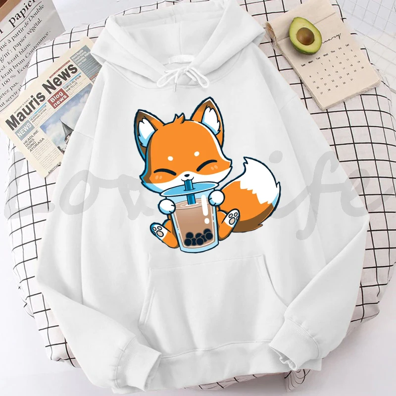 Fashion Boba Milk Tea Hoodies Korean Style Women Clothes Kawaii Sweatshirt Vintage Cartoon Fox Graphic Hoodie Harajuku Sudaderas