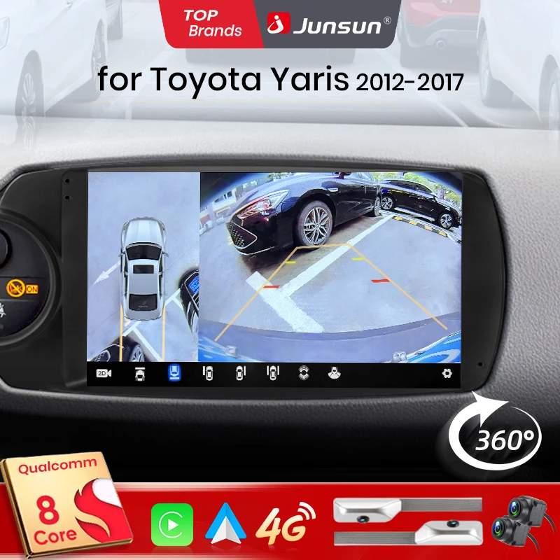 Junsun Qualcomm 8 cœurs 360 caméra sans fil CarPlay Android Auto autoradio pour Toyota Yaris 2012-2017 GPS