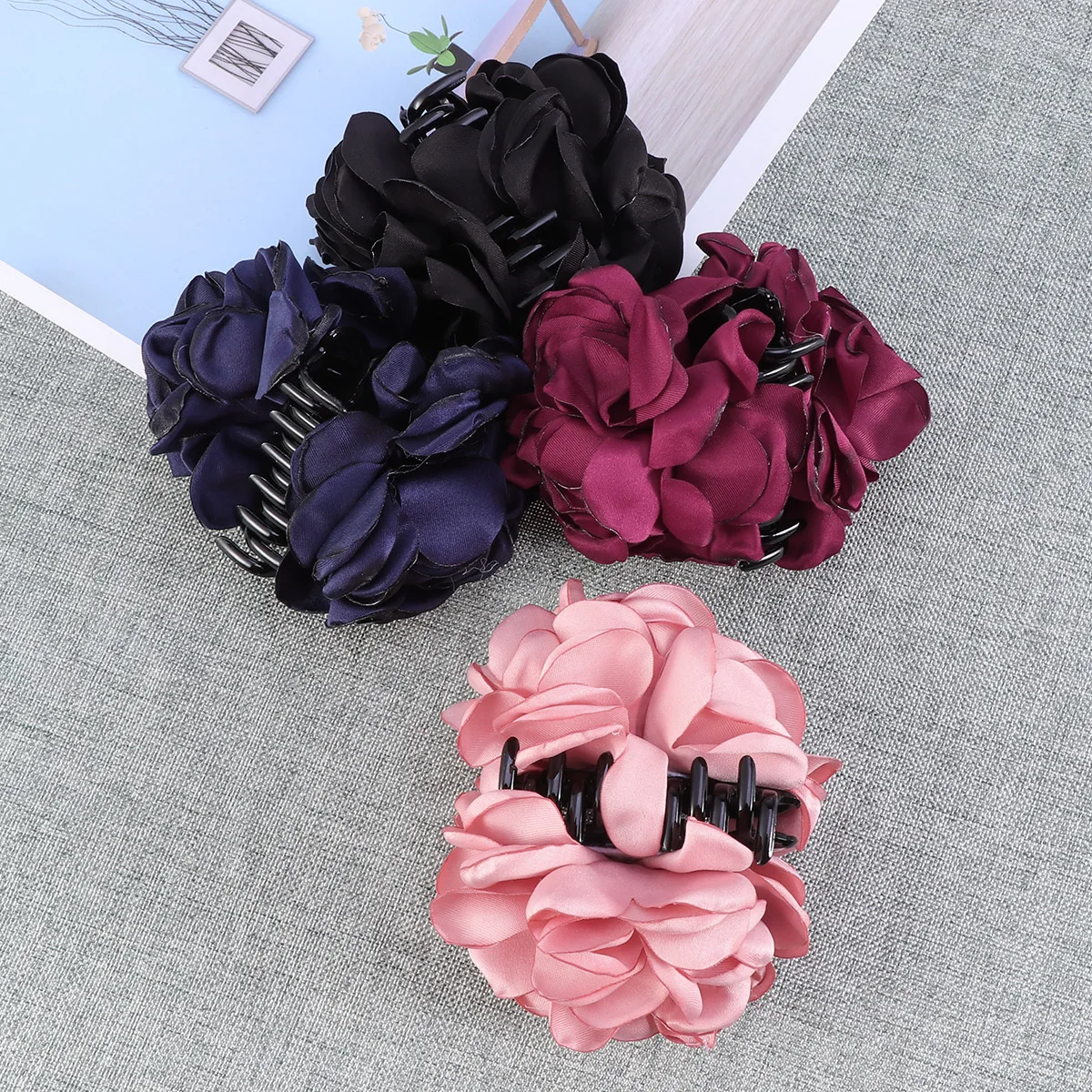

4Pcs Rose Flower Fabric Hair Clips Large Jaw Clips for Women Weddings Party Hair Claws Barrettes in Wine Red Black Navy Pink