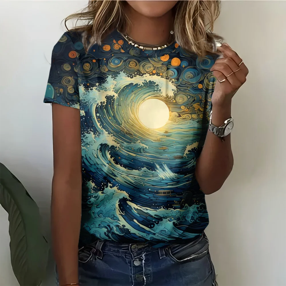 

Модная повседневная женская летняя универсальная футболка с короткими рукавами и принтом Wave Moon в океанском стиле