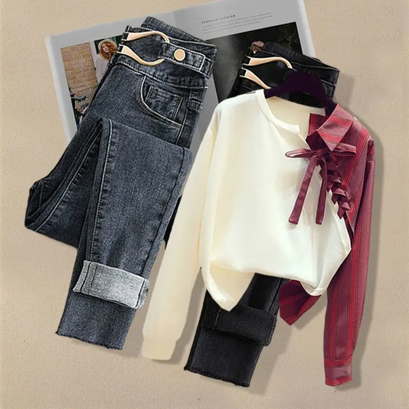 Spring and Autumn Versatile Women's Set 2024 New Design Fake Two piece Top Style Slimming Jeans Two piece Set