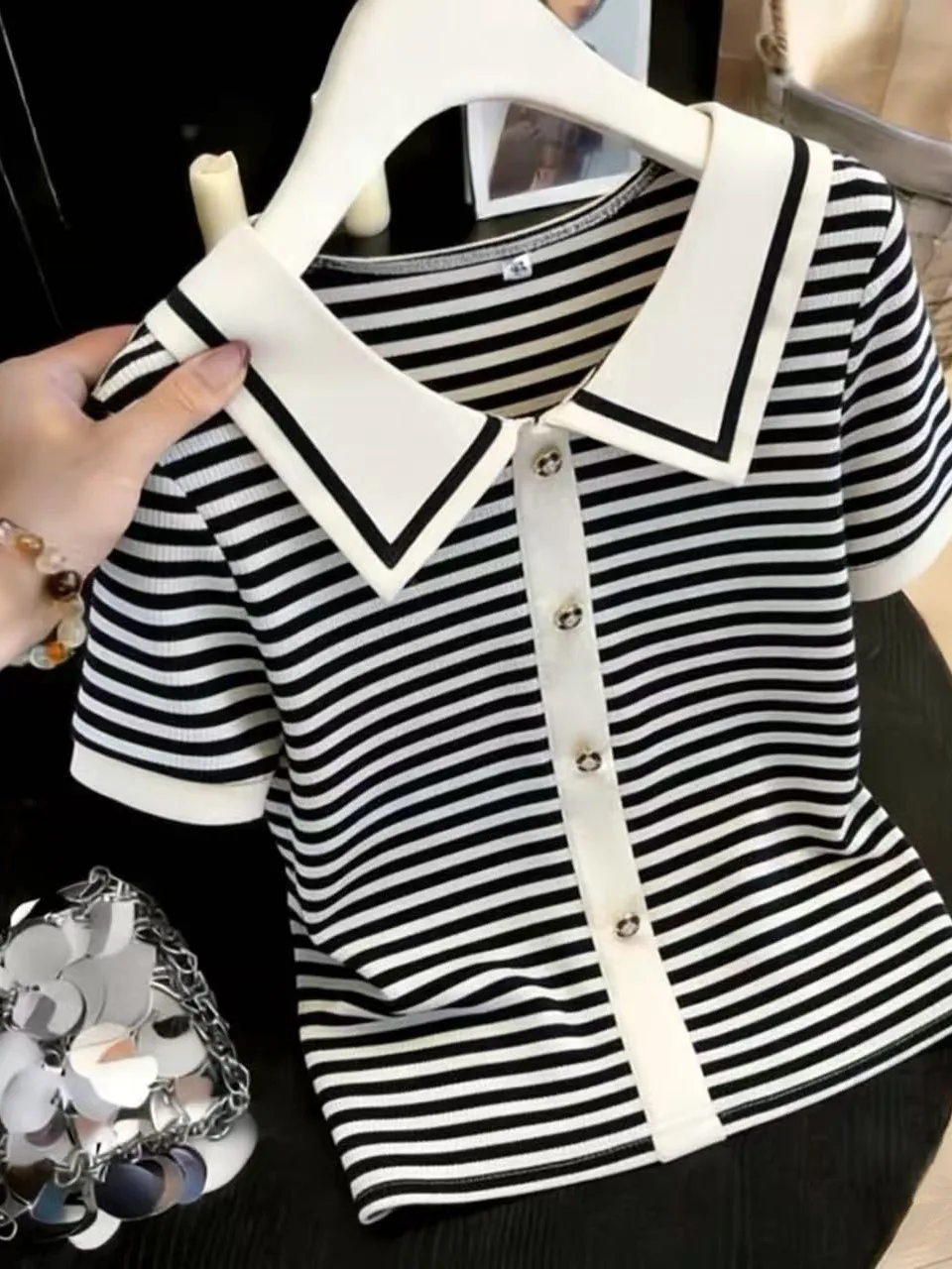 

Loose Fit Striped Short Sleeve T-Shirt Women's plus Size Doll Collar Top Breathable Korean Style Summer Fashion Casual Wear