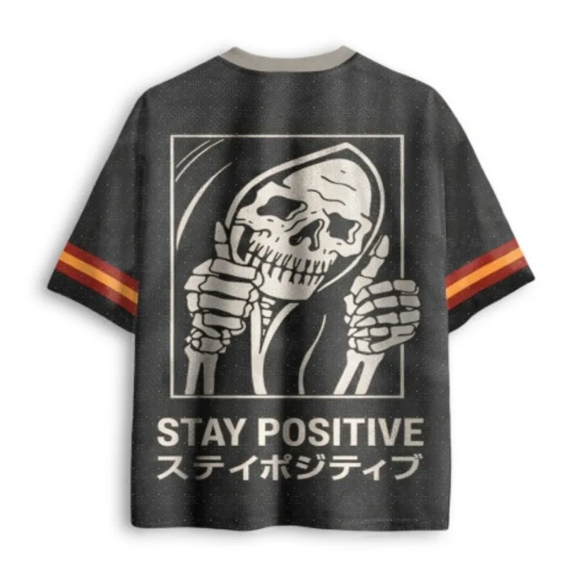 V Neck Football Jersey Skeleton Thumbs Up Stay Positive Japanese Text Print Black Orange Stripe Sleeve Loose Sport Tee
