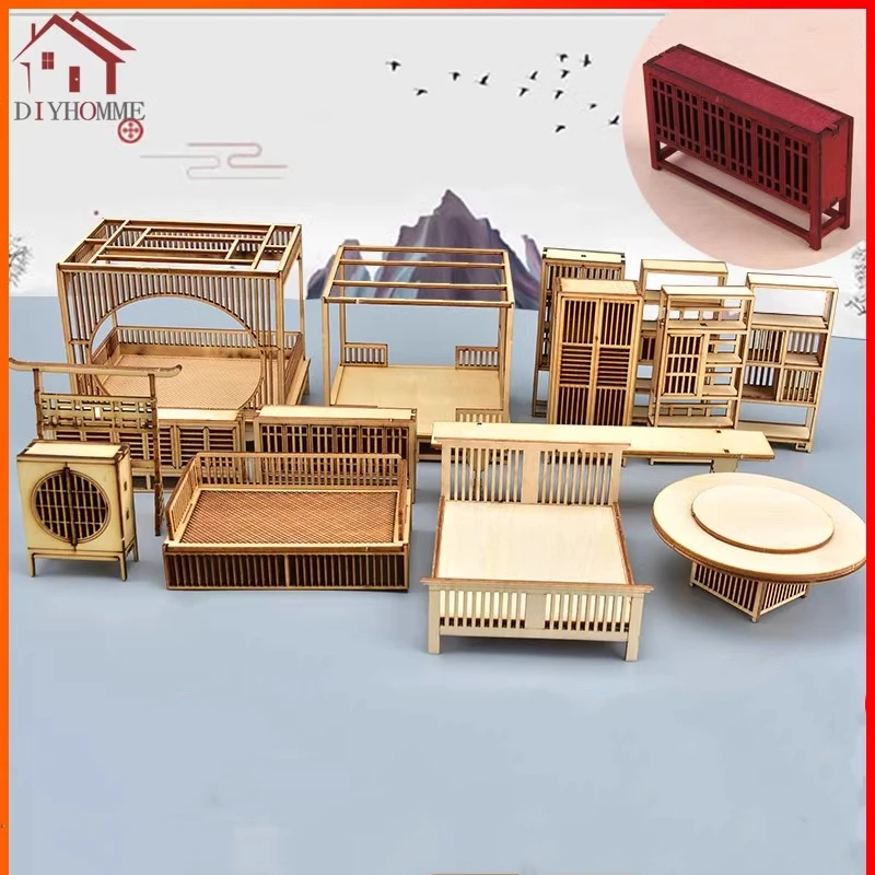 

1:25 Miniature Furniture Architectural Ornament Storage Cabinet Craft Table Bed Bookshelf Dollhouse Decoration Wooden Puzzle Toy