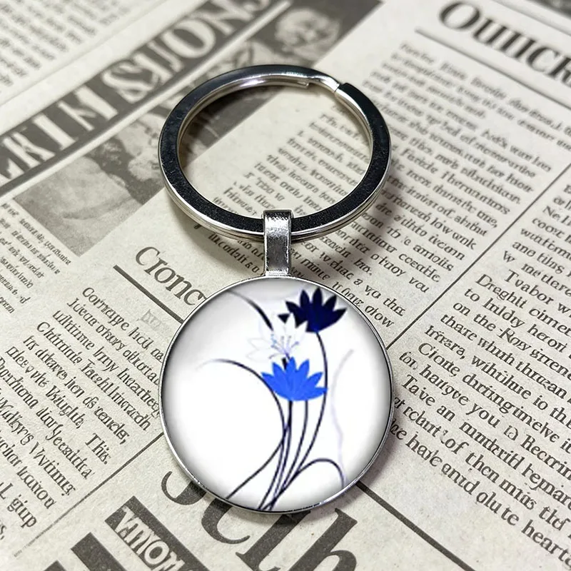 Classic Porcelain Phoenix Botanical Pendant Keyring, Antique Chinese Curly Foliage Glass Key Holder