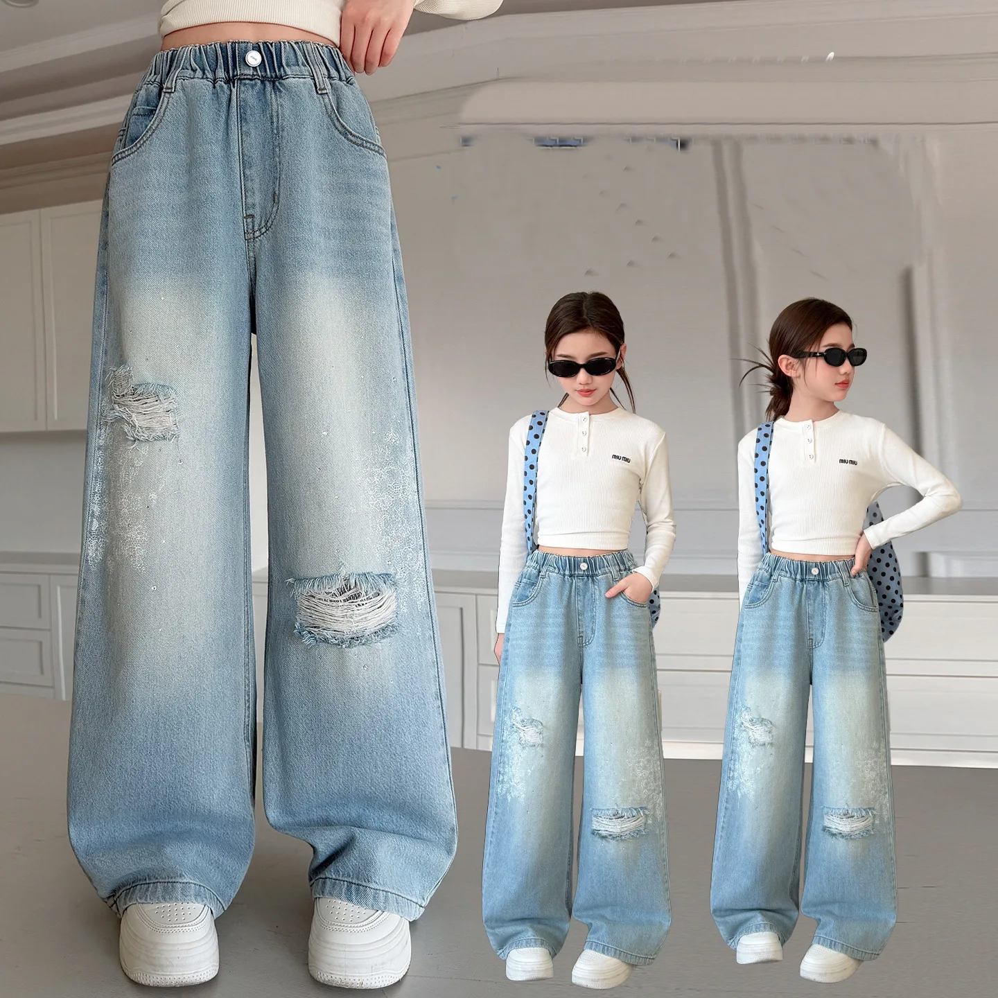 Children Loose Straight Ripped Jeans with Holes for Girls Fashion Broken Straight Leg Denim Pants Kids Spring Destroy Trousers
