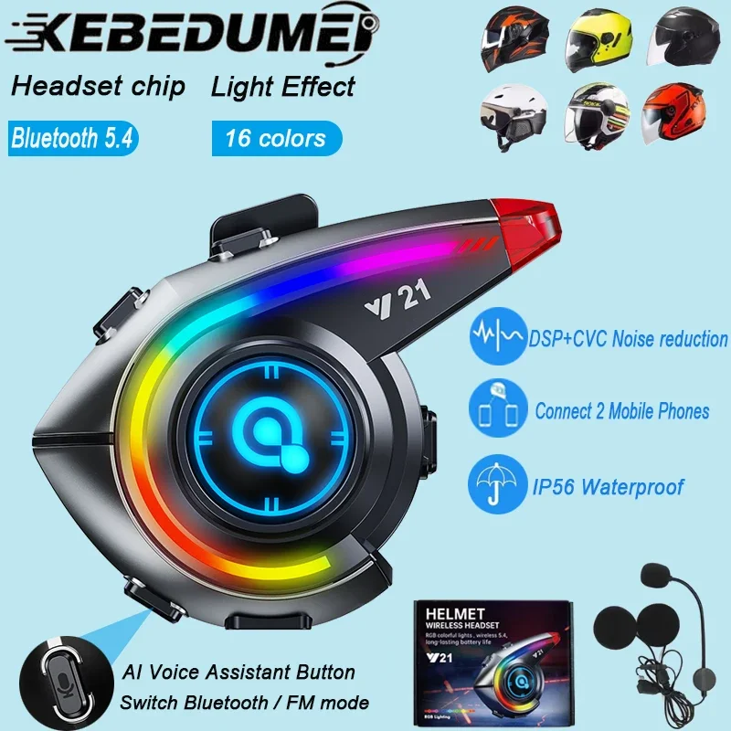 Bluetooth 5.4 Motorcycle Helmet Headset IP65 Waterproof Voice Assistant Speaker Earphone With RGB Ambient Light Support FM