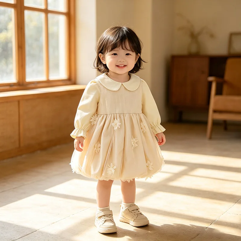 Girls' 2026 Apricot Dress Spring and Autumn Baby Mesh Long Sleeve Flower Bud Princess Dress