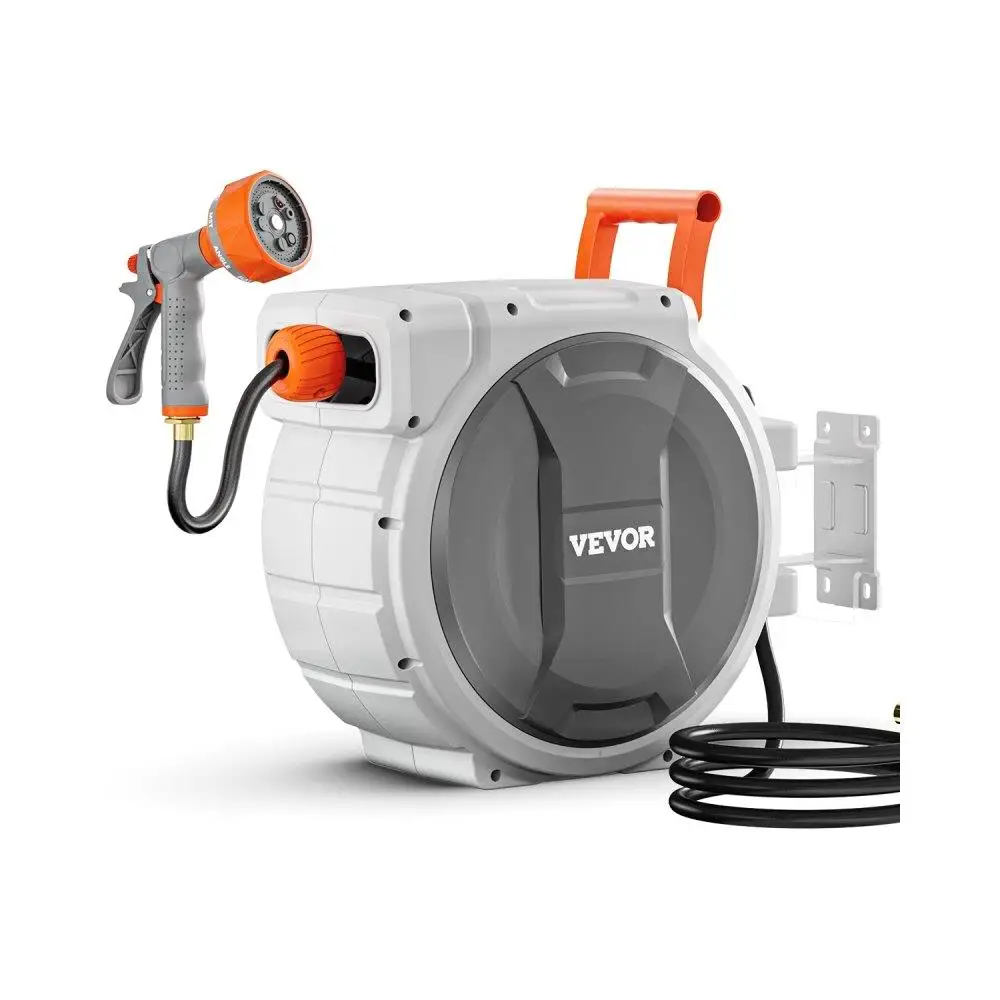

1/2 Inch 145ft Wall Mount Hose Reel with 9 Pattern Nozzle 180 Degree Swivel Bracket Slow Retract Mechanism for Garden Lawn Use