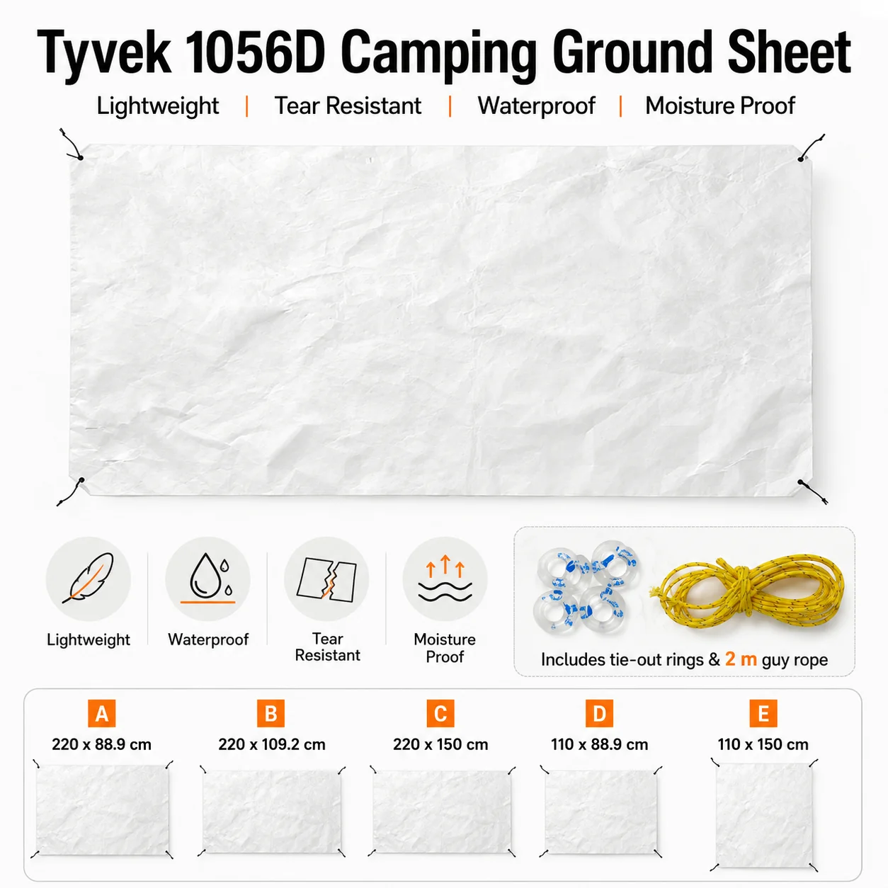 1056D Tyvek Camping Ground Sheet 55g/㎡ Ultralight Waterproof Tent Footprint Tear Resistant Foldable Picnic Mat with Guy Lines