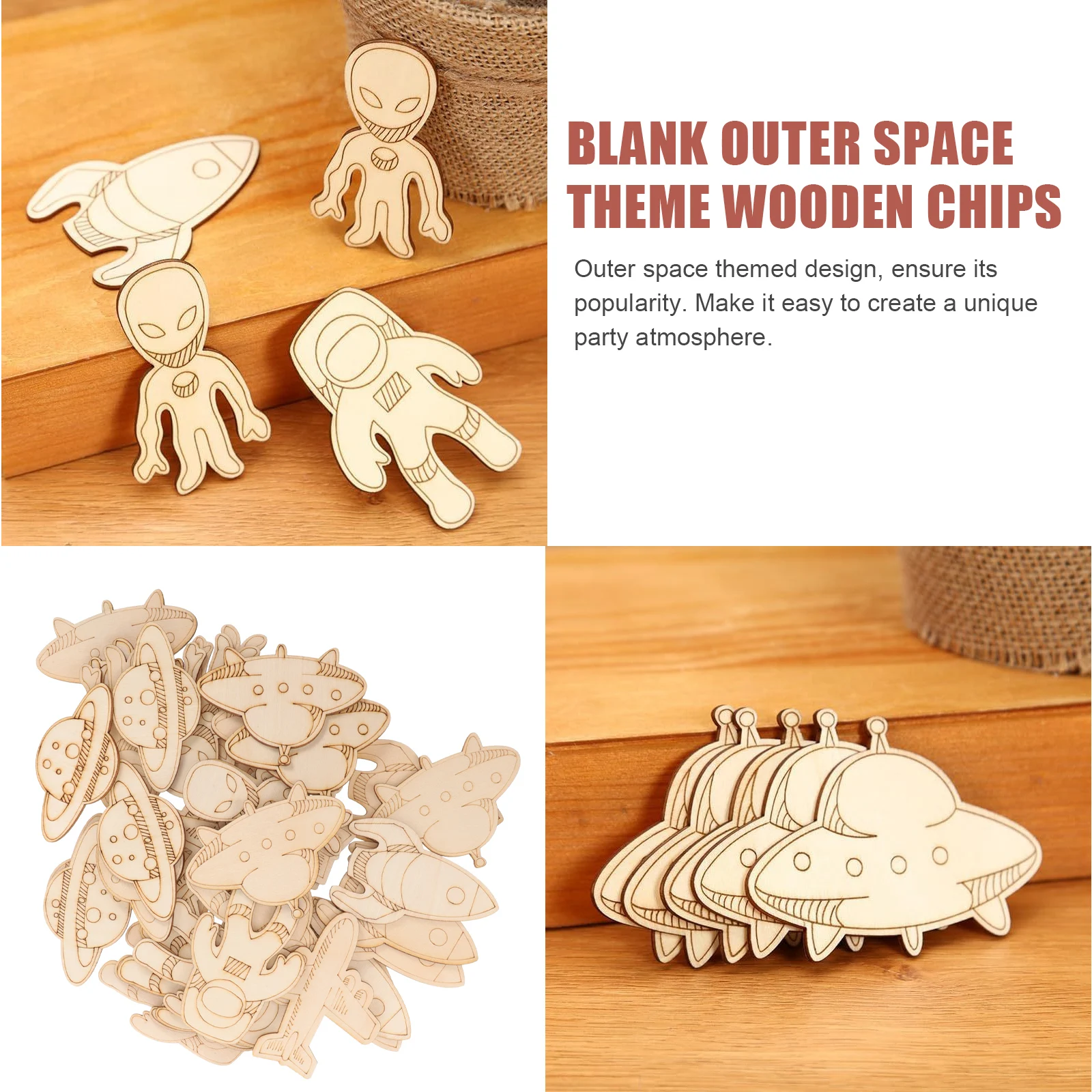 

32pcs Rocket Decor Hollow Slices Unfinished Paint Crafts Ornaments Outer Space Theme Diy Wooden Chips Astronaut