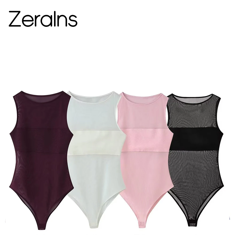 

ZERAINS: Новый модный женский комбинезон 2026 года в европейском и американском стиле, однотонный, с вставками из шелковой сетки