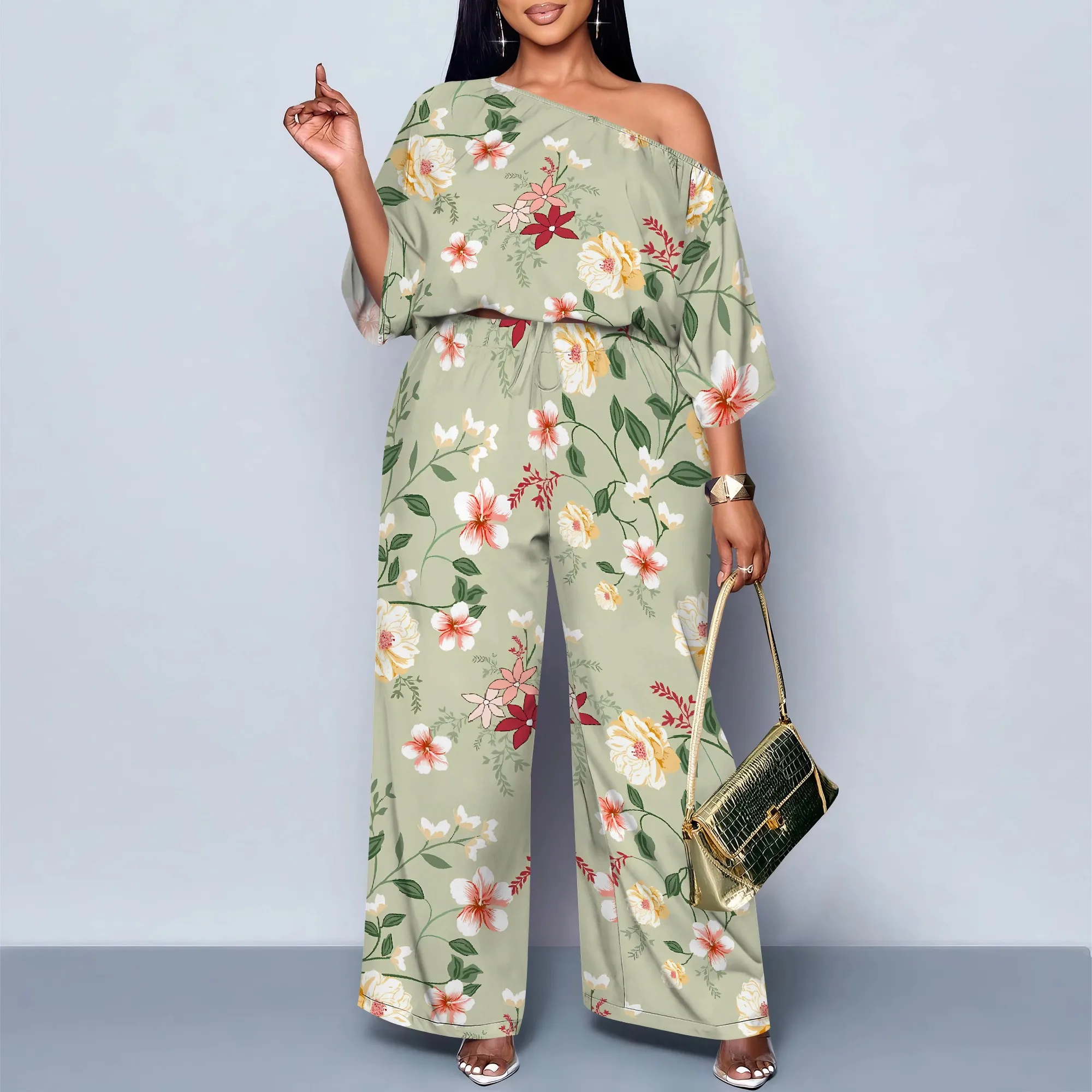 

Nupusa Floral Print Two - Piece Set for Women Summer Casual Off - Shoulder Wide - Leg Outfit