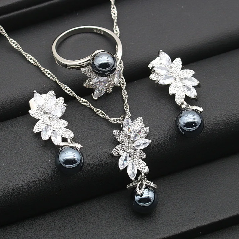 Exquisite Silver Color Jewelry Sets For Women Black Blue Pink Pearl Earring Pendant Necklace Ring Wedding Gift