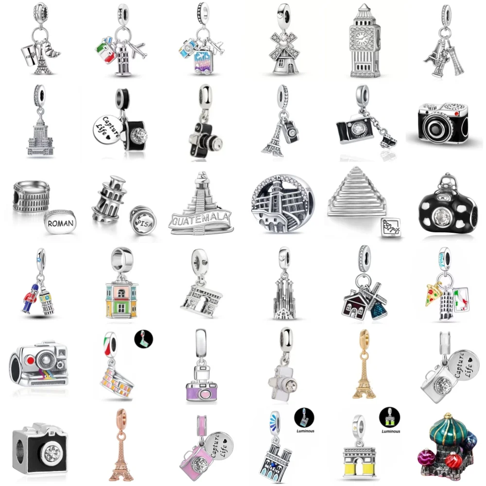 Travel landmark Charm 925 Silver castle Beads Camera Tower Pendant DIY Women man Jewelry Fit Original Bracelet Gift Accessories