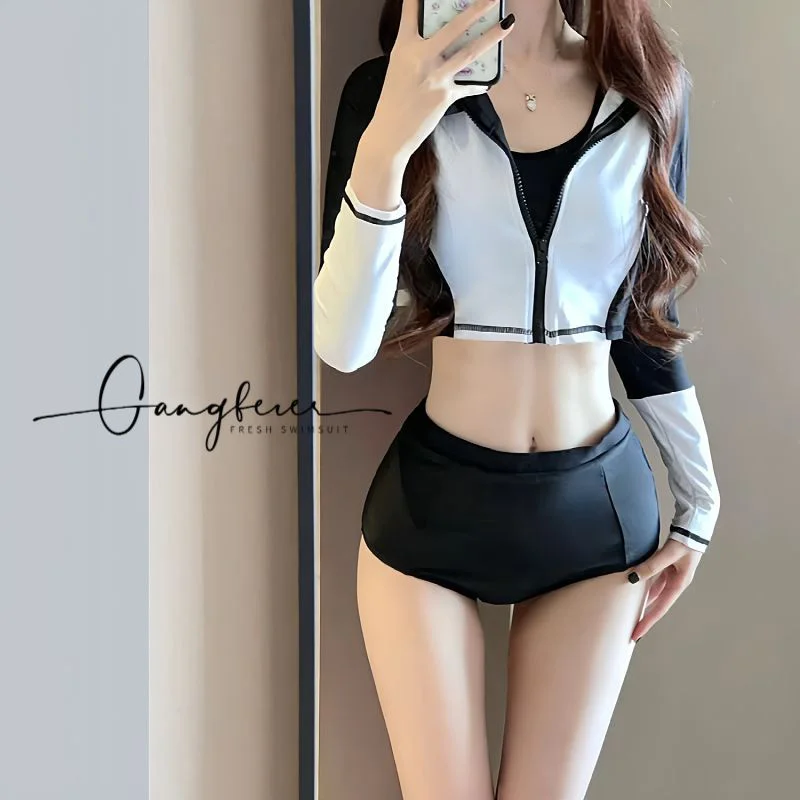 

Swimsuit for Women's New Long Sleeved Conservative Split Sports Bikini High Waist Covering Belly Hot Spring Swimwear Zipper Coat