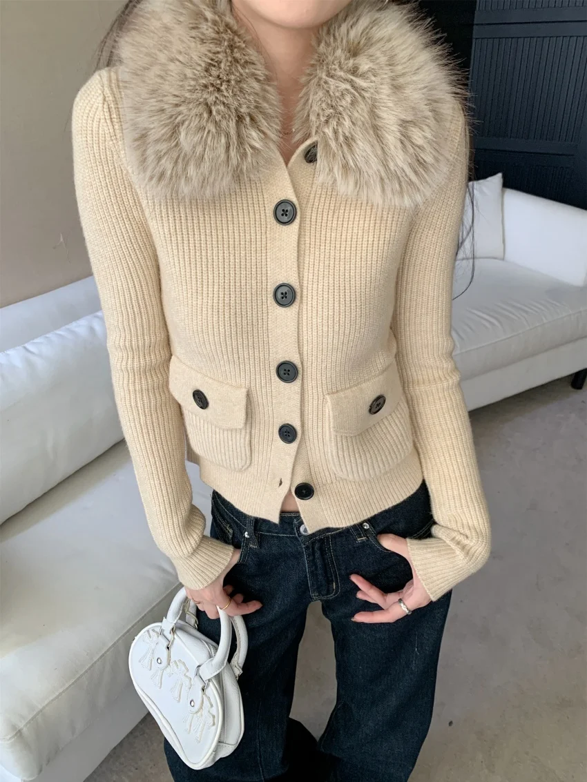 

Свитера со съемным меховым воротником Alien Kitty, тонкие осенние женские вязаные новые повседневные повседневные кардиганы с длинными рукавами, элегантная рабочая одежда