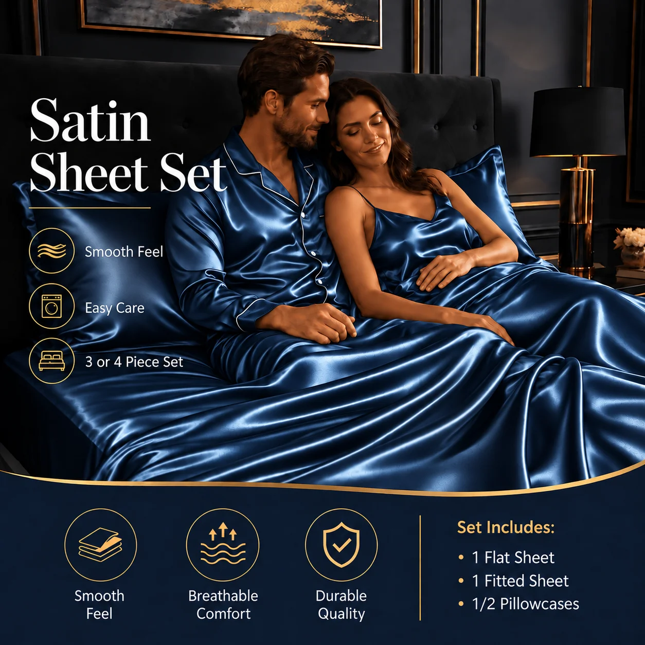 Satin Bed Sheet Set 3/4Pcs Black Luxury Microfiber Bedding 15 Inch Deep Pocket Smooth Soft Gentle on Hair & Skin Double Stitched Wrinkle Resistant Bedroom Bed Linen