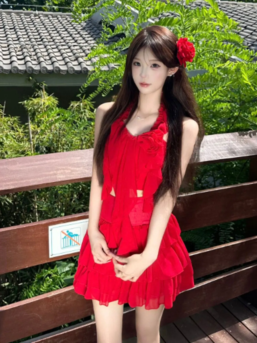 

Retro Unique Red Halter Skirt Set Youthful Short Sleeve Vest French Style Comfortable Cotton Blend Summer Fashion Ensemble