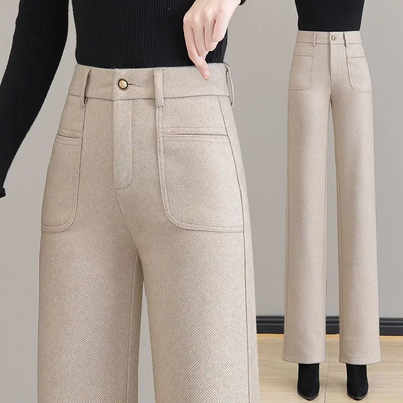 

Elegant Simple Autumn Thick Warm Woolen Wide Leg Pants Women's Solid Zipper Button Pocket Patchwork High Waist Straight Trousers