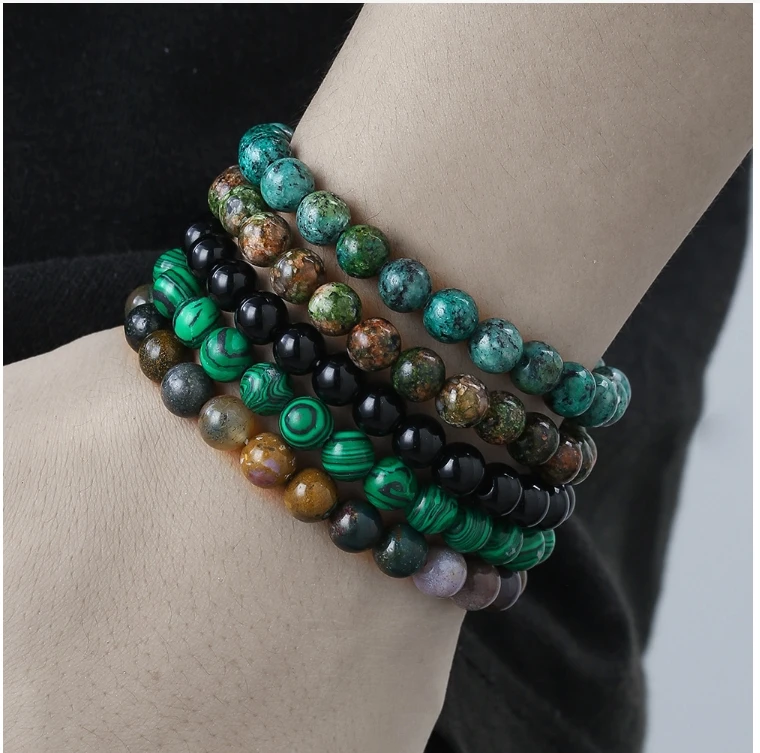 Amazon Hand Decoration 8mm Natural Agate Turquoise Green Peacock Stretch Beaded Bracelet Combo Set