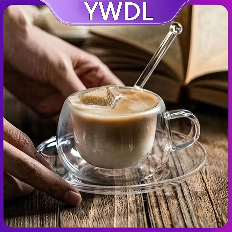 YWDL 180/250ml Double Wall Glass Cup With Dish And Spoon Clear Glass Espresso Cup Set Heat Resistant Coffee Mug Handle Drinkware