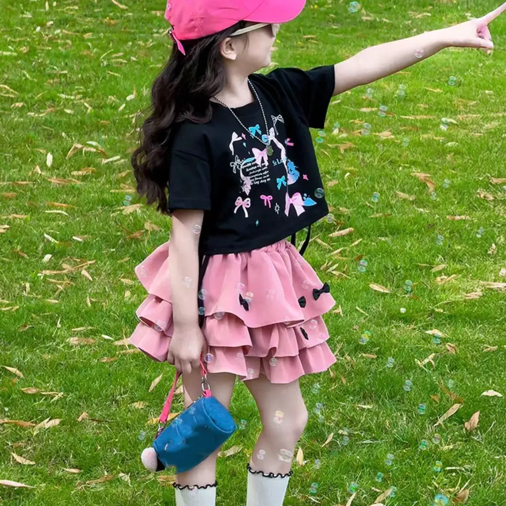 

Two Pieces Set Y2K Bow Children Cake Skirt Set Pleated Teenagers T-shirt Skirt Suit Sweet Slim Fit Girls Clothes Set Kids