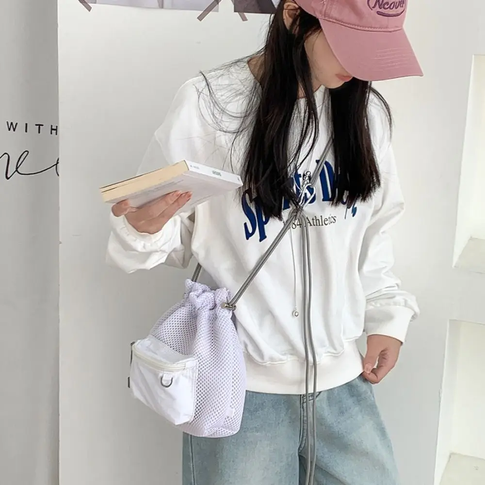 

Korean Style Drawstring Bucket Bag Handbag Purse Folded Nylon Shoulder Bag Mobile Phone Bag Solid Color Small Crossbody Bag