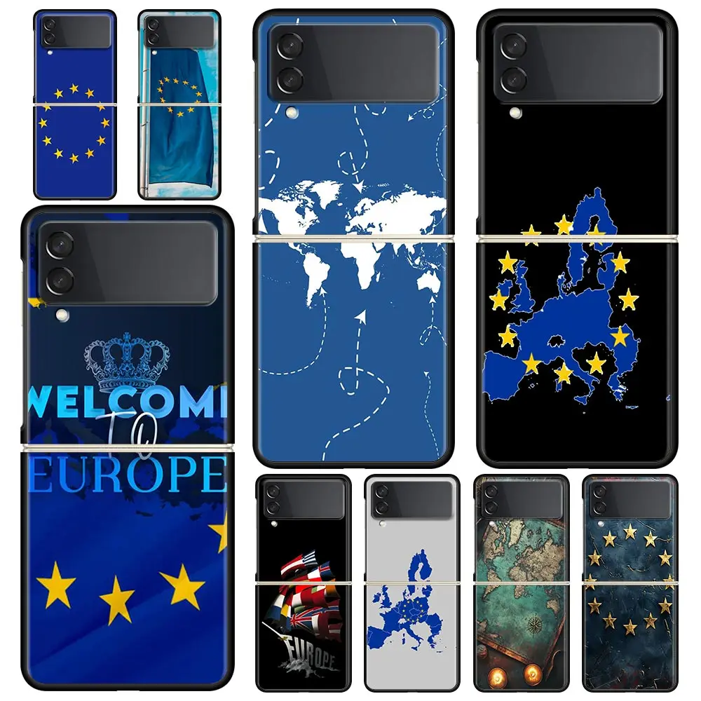 Phone Case for Samsung Galaxy Z Flip 3 4 5 6 7 Folding Black Shell For Samsung Z Flip4 Flip5 PC Hard Cover EU flag