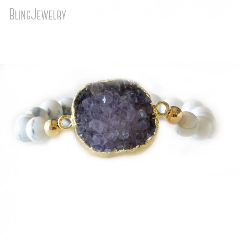 

White Turquoise Marble Howlite Beads Stretch Bracelet Amethyst Druzy Cluster Connector