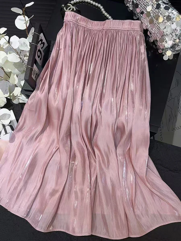 

Vintage Chiffon Pleated Skirts Women Summer High Waist Pearlescent Mesh Midi Skirts French Elegance Office Lady A Line Skirts
