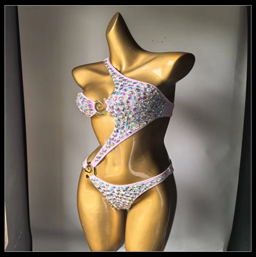 2025 New sexy diamond One piece swimwear bling stones bathing suit rhinestone beachwear Burst Glitter Halter Bikini Set