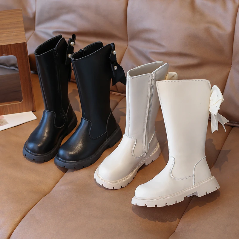 

2025 Kids High Boots Spring Autumn Elegant Children's Boots for Girls Fashion Versatile Princess Causal Bowknot Leather Boots