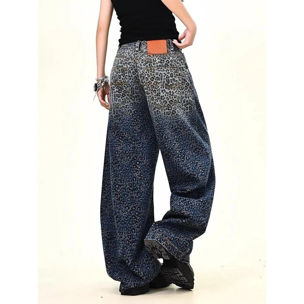 

American retro leopard print jeans casual straight style washed wide-leg pants trousers versatile fashionable for street wear