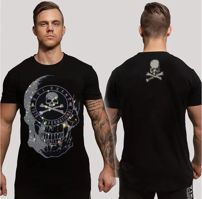 S-6XL Skulls  Hot Drill  Fashion  Anime    T-Shirt Casual Men   Rhinestone Design Fabric Soft Comfortable  Top Tees