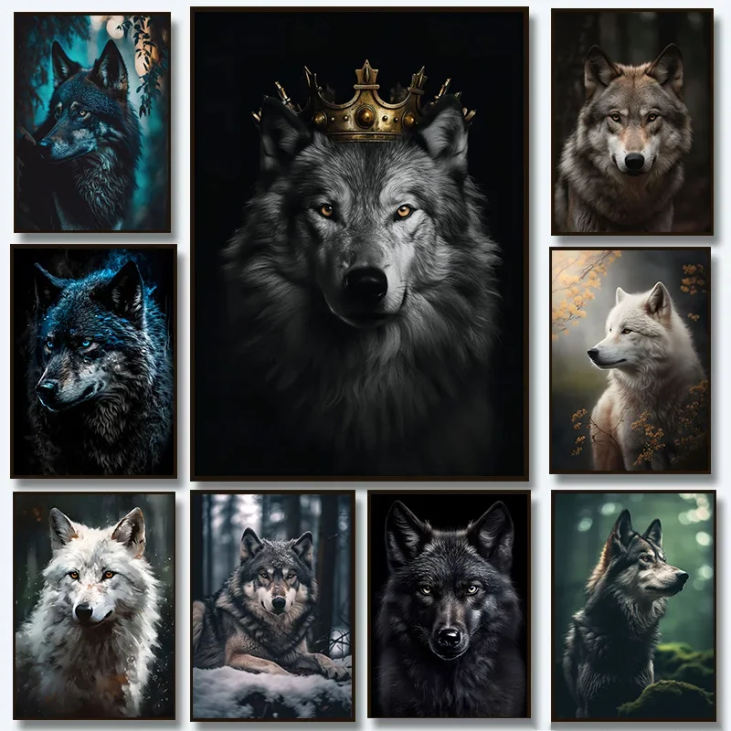 Forest Black Wolf Portrait Poster Wild Animals Canvas Painting HD Printed Wall Art Pictures Modern Living Room Home Decor