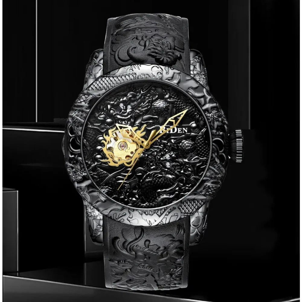 Luxury BiDen Brand New Style Dragon Sculpture Watch Men\'s Mechanical Movement Automatic Self Wind Wristwatch Nice Gift Idea