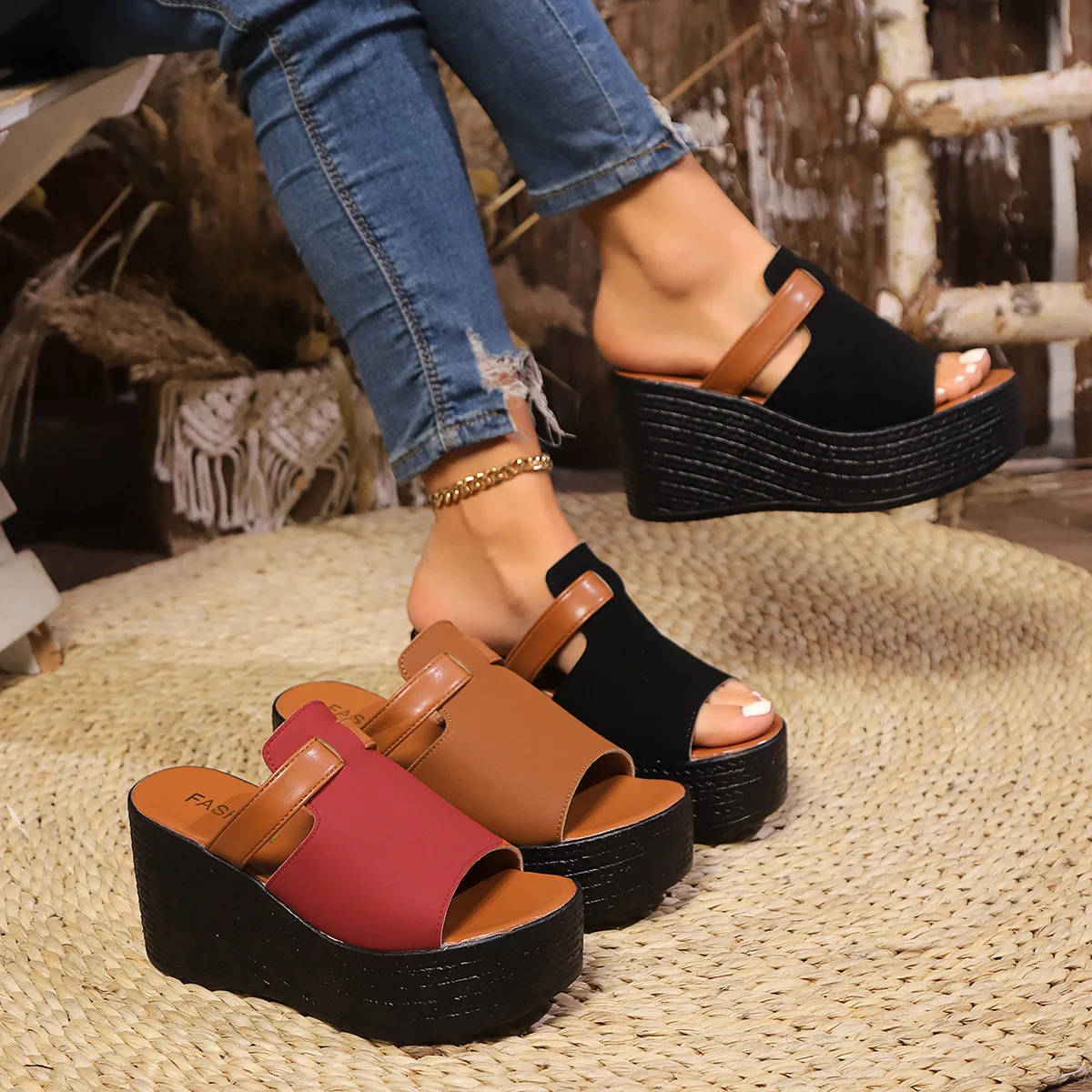 Women's Brown Pu Leather Wedge Sandals  Summer Lightweight Chunky Platform Sandals Woman Plus Size 43 Non-slip Beach Shoes