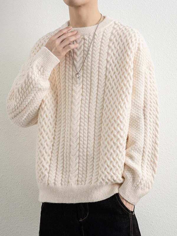 

Trendy Vintage Twist Knit Sweater Men's Loose Casual round Ne Long Sve Thermal Top Polyester Fiber Korean Sle Knittedwear