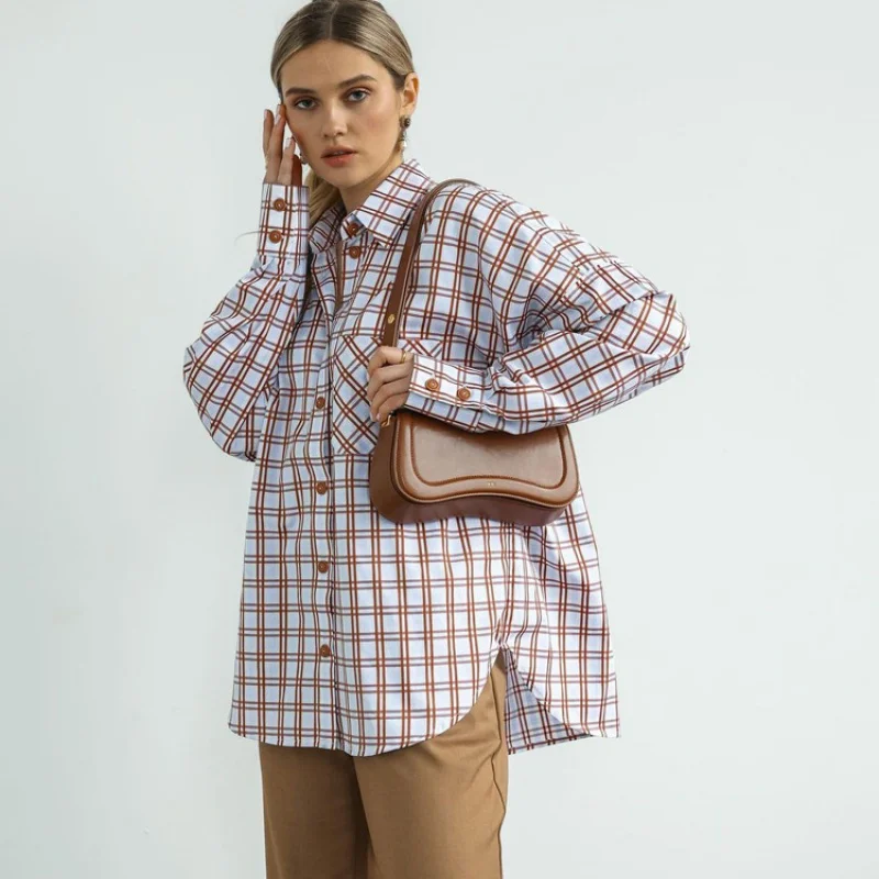 Commuter donna autunno nuova camicia a quadri a maniche lunghe stile retrò Versatile risvolto sciolto ShirtWlj