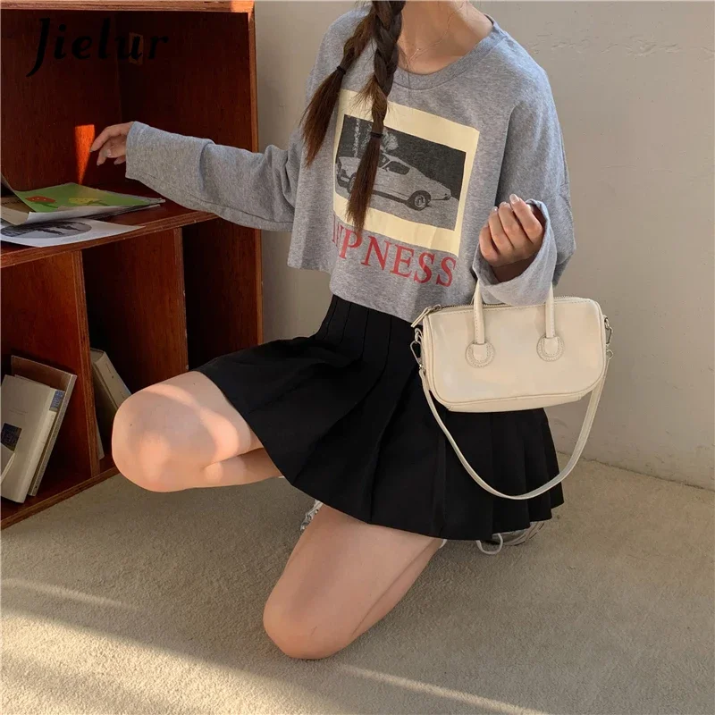 Jielur Retro Letter Printed Long-sleeved T-shirts Women White Classic Streetwear Girl Short Tops Black Basic T-shirt Female M-XL