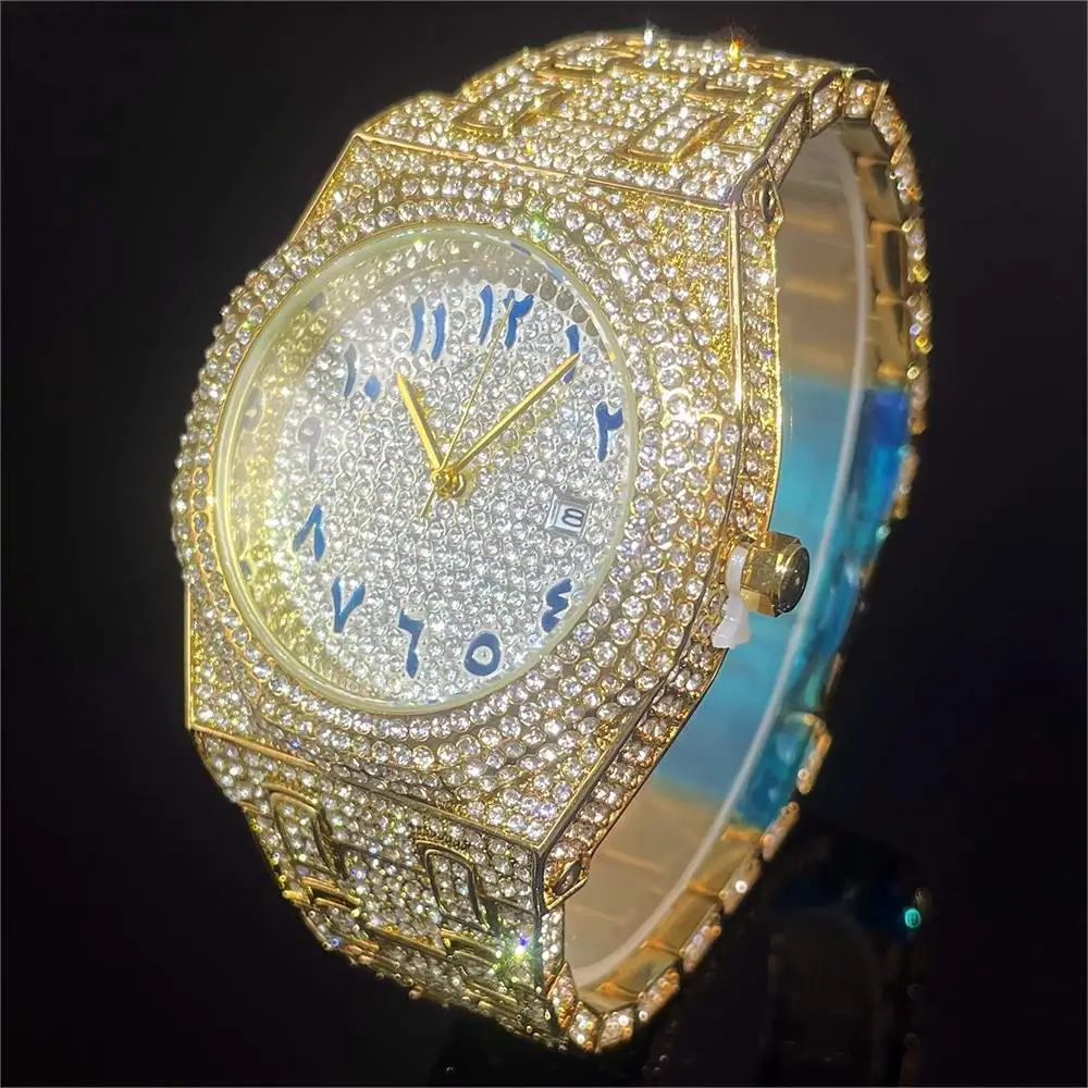 2024 New Arab Number Watch For Men Luxury Fully Diamond Bling Mens Quartz Watches Fashion Iced Out Silver Waterproof Male Clock