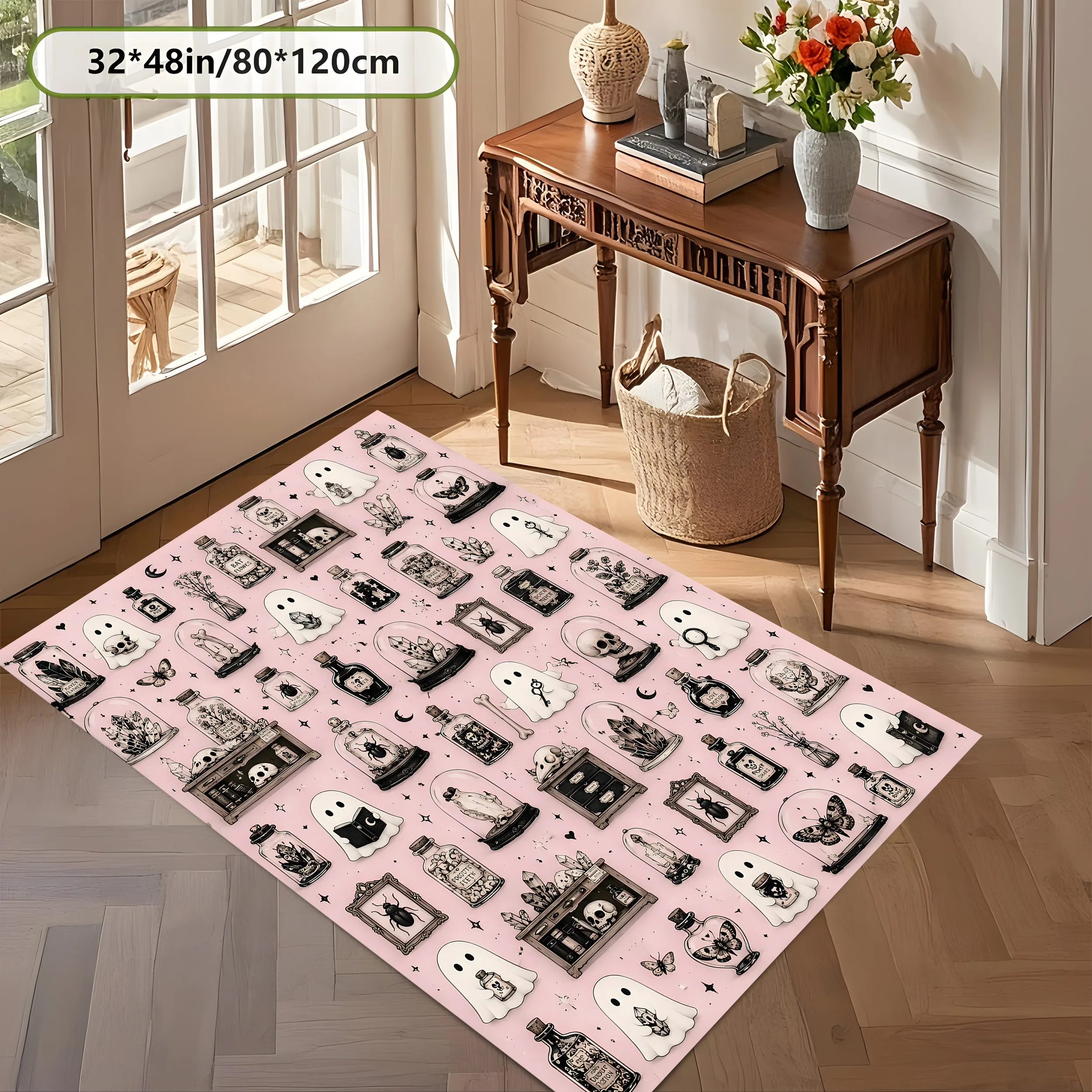 Large Area Rug Retro Pink Black Ghost Specimen Print Soft Velvet Living Room Bedroom Home Decor Area Rug