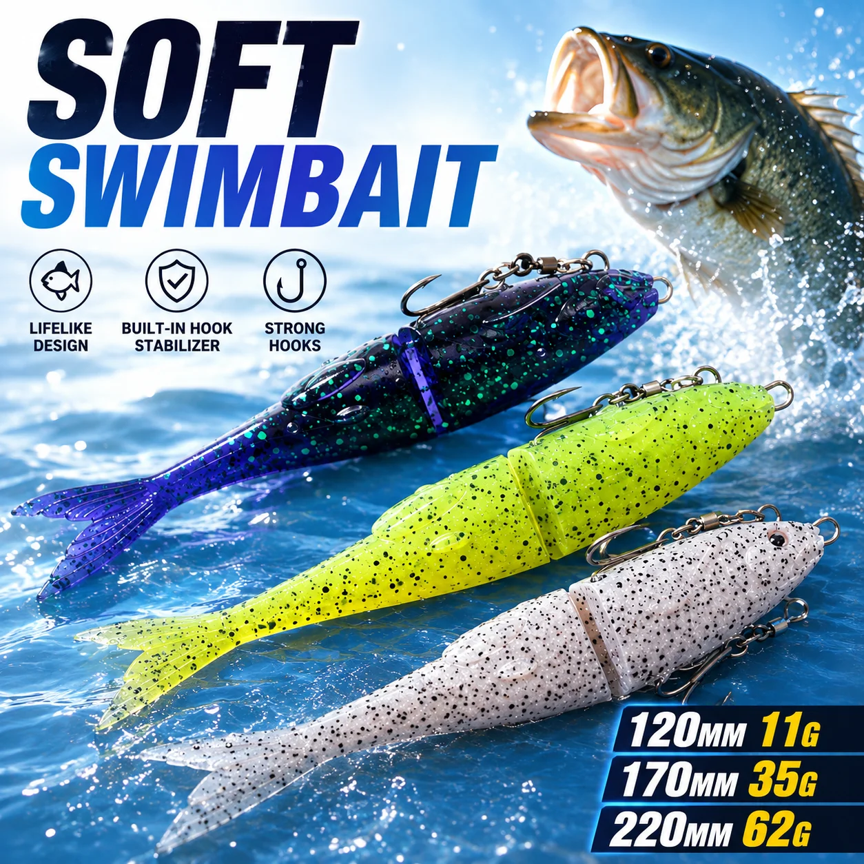 Soft Jointed Sinking Fishing Lure 120mm 11g 170mm 35g 220mm 62g Multi-Segment Bionic Swimbait  Bass Pike Freshwater Saltwater