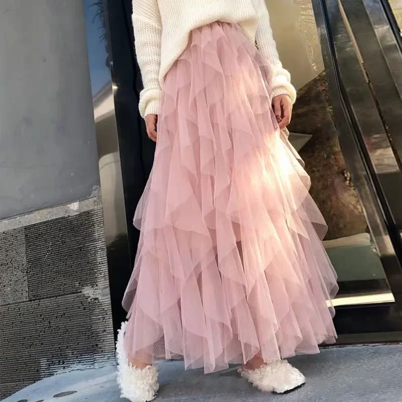 Spring Summer Tutu Long Skirts Women Harajuku Saia Fashion Bottom Woman Clothes Jupe Femme Casual Mesh Maxi Skirt Ladies Faldas