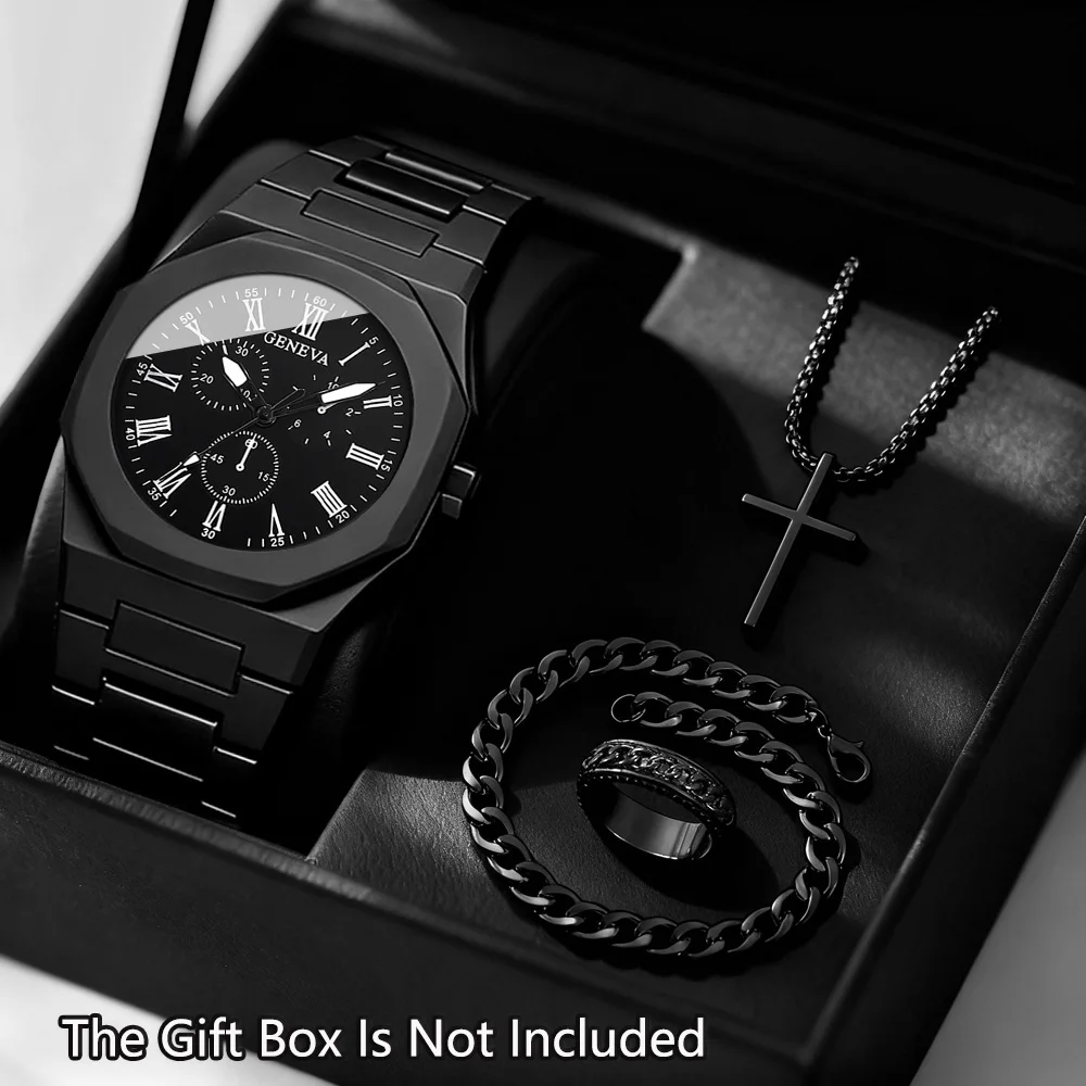 4-piece men's watch and accessories set, a perfect match suitable for both business and casual styles, no box included
