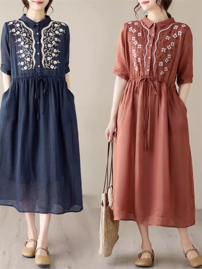 

Standing Collar Waistband Lace Up Embroidered Shirt Dress High Waist Pleated Women's Retro Loose Fitting Summer Long Dress Z4975