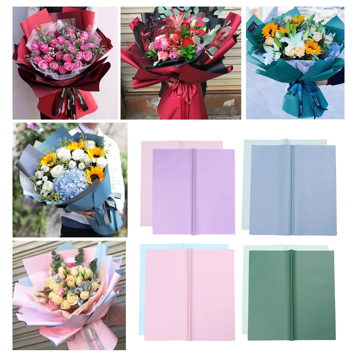 

20Pcs Waterproof Matte Flower Packaging Papers Two Colors Blue 58cmx58cm Gift Wrapping Paper for Floral Decoration