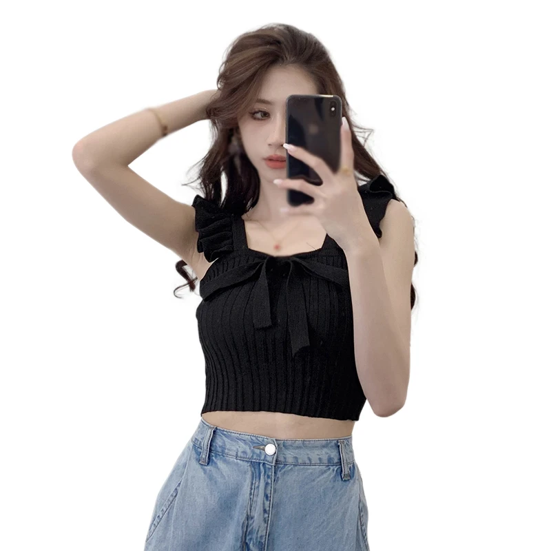 Summer Women T shirt Knitted Square Neck Cute Women's Tank Tops  Silm Sleeveless Camisole