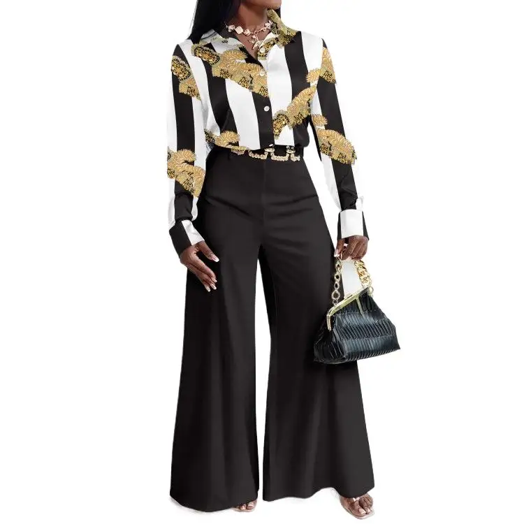 

New Fashion Printed Button Shirt + Wide Leg Pants Two-piece Sets Women Spring Casual Loose Top With Belt Pants Suit For Women